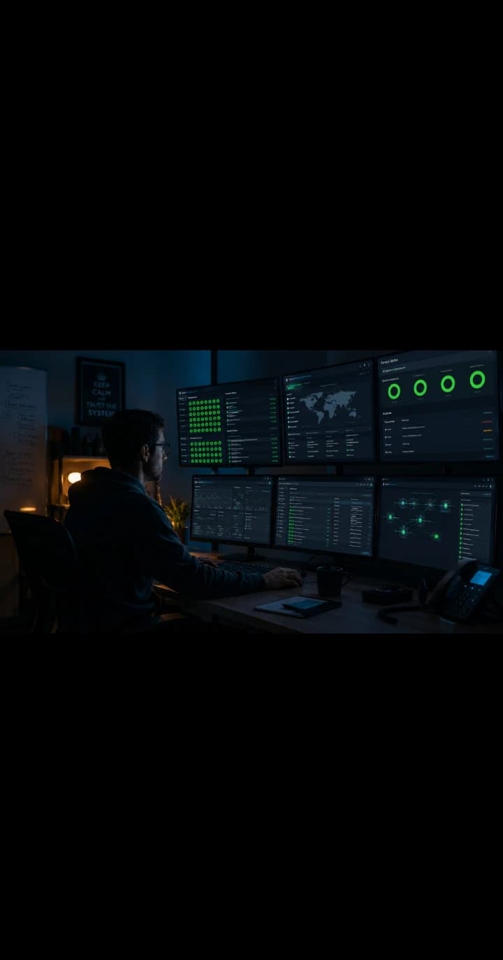 Deployment dashboard showing project status, environments, monitoring metrics, and alert channels.